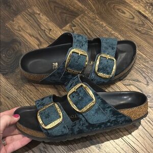 BIRKENSTOCK Teal Velvet Buckle Sandals